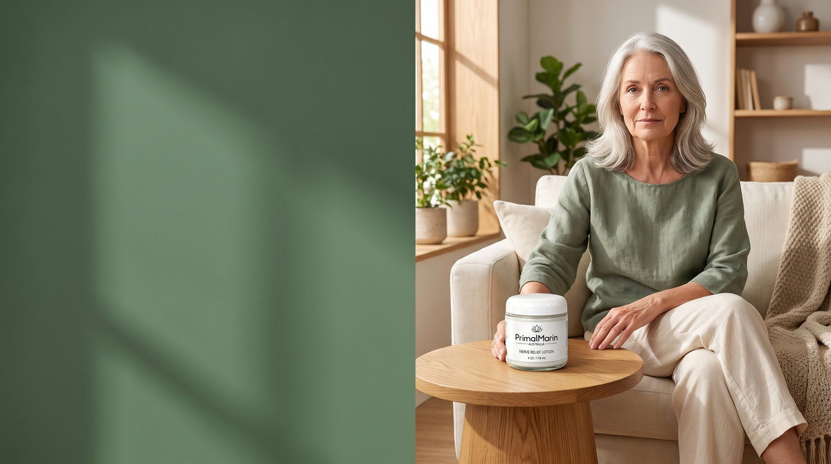 Illustrative daytime care routine with PrimalMarin Nerve Relief Lotion