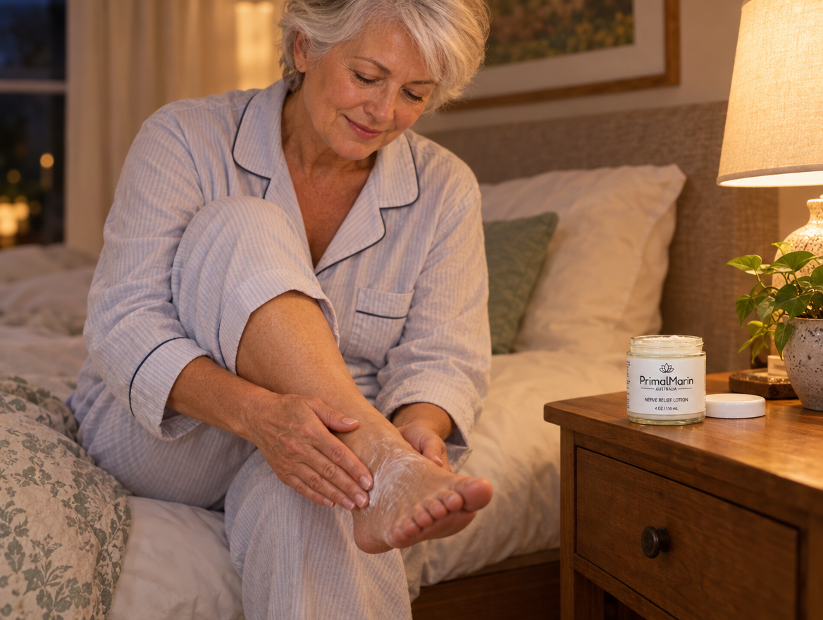 Woman massaging PrimalMarin lotion into her foot on the edge of her bed at night