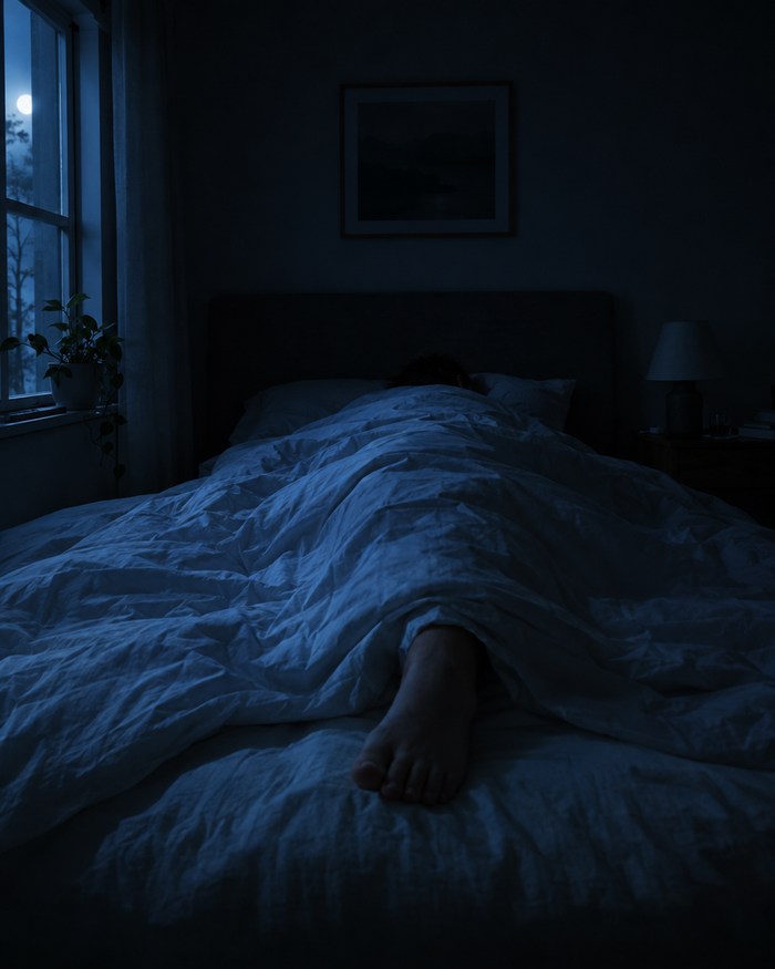 Dark bedroom at night with one foot out from under the blanket