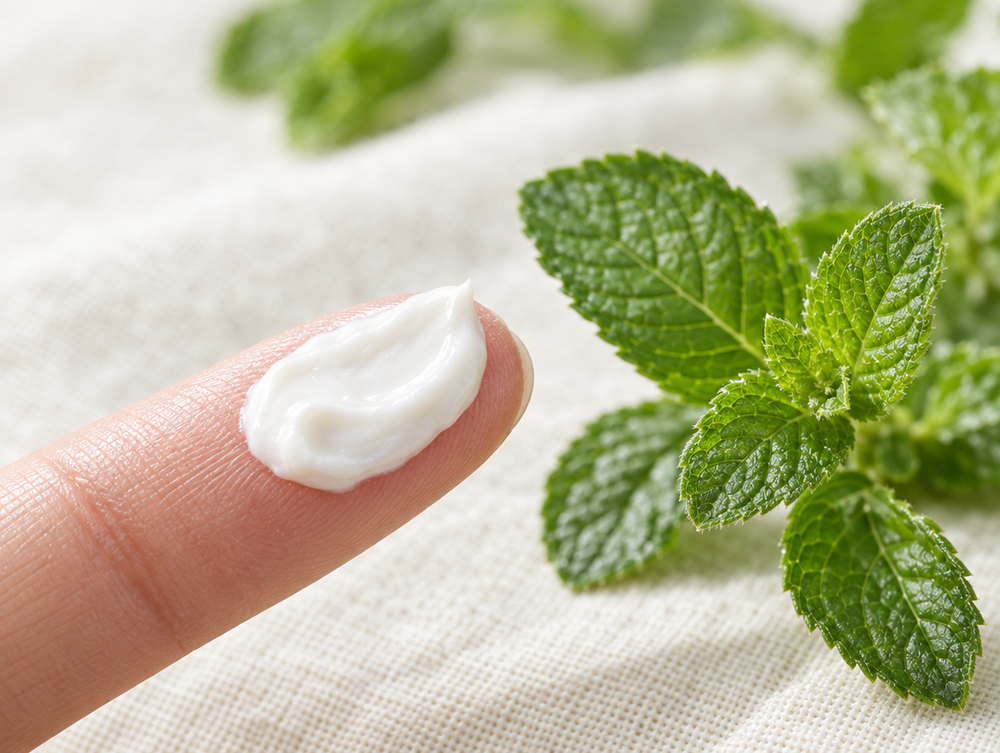 Fingertip of white lotion beside fresh peppermint leaves