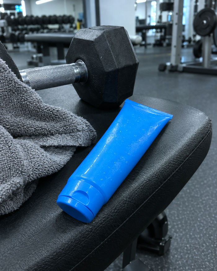 Generic sports cooling gel tube on a gym bench