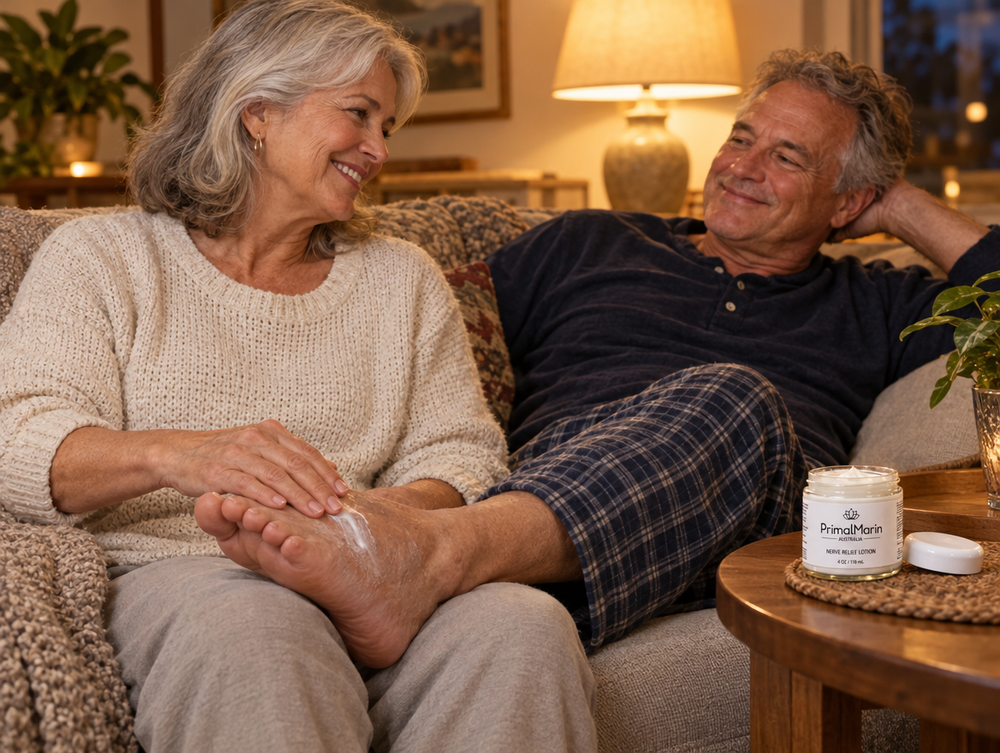 Wife rubbing lotion into her husband's feet on the sofa