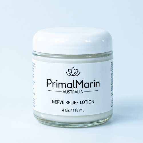 PrimalMarin Nerve Relief Lotion front jar on pale blue background