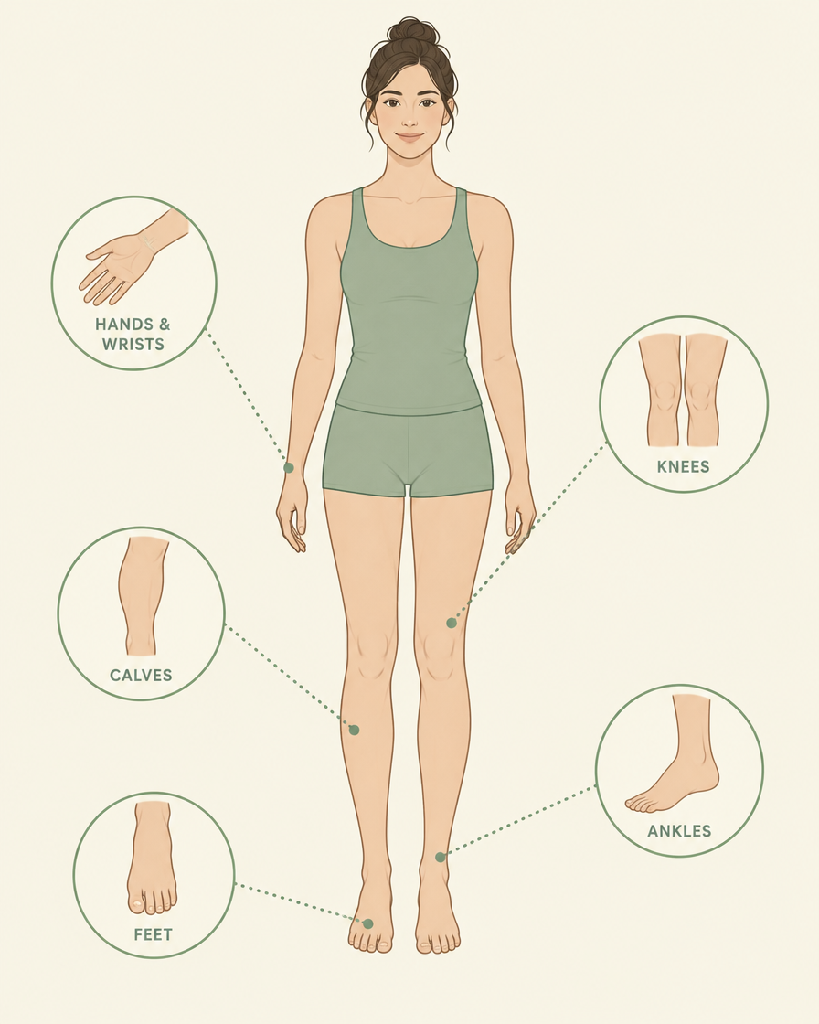 Illustration showing hands, knees, calves, ankles and feet