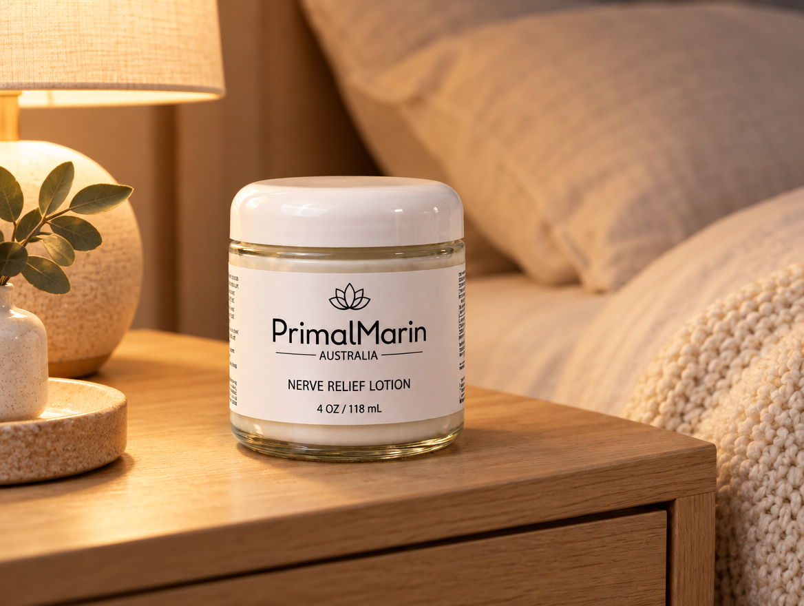 PrimalMarin lotion jar on a bedside nightstand in the evening