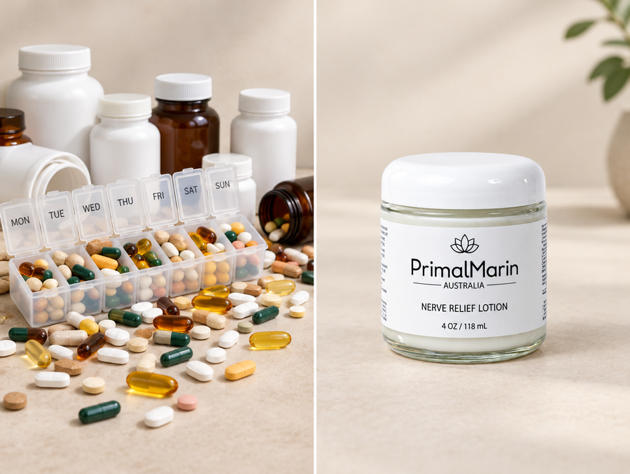 PrimalMarin lotion jar next to a cluttered pill organizer