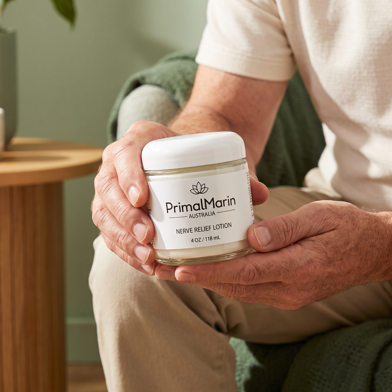 PrimalMarin Nerve Relief Lotion handheld jar